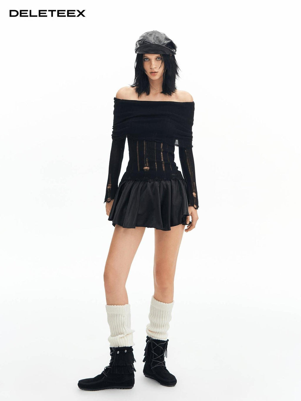 DeleteEx Sexy Ripped Fringe Off Shoulder Cropped Black Wool Pullover Women Knit Sweaters