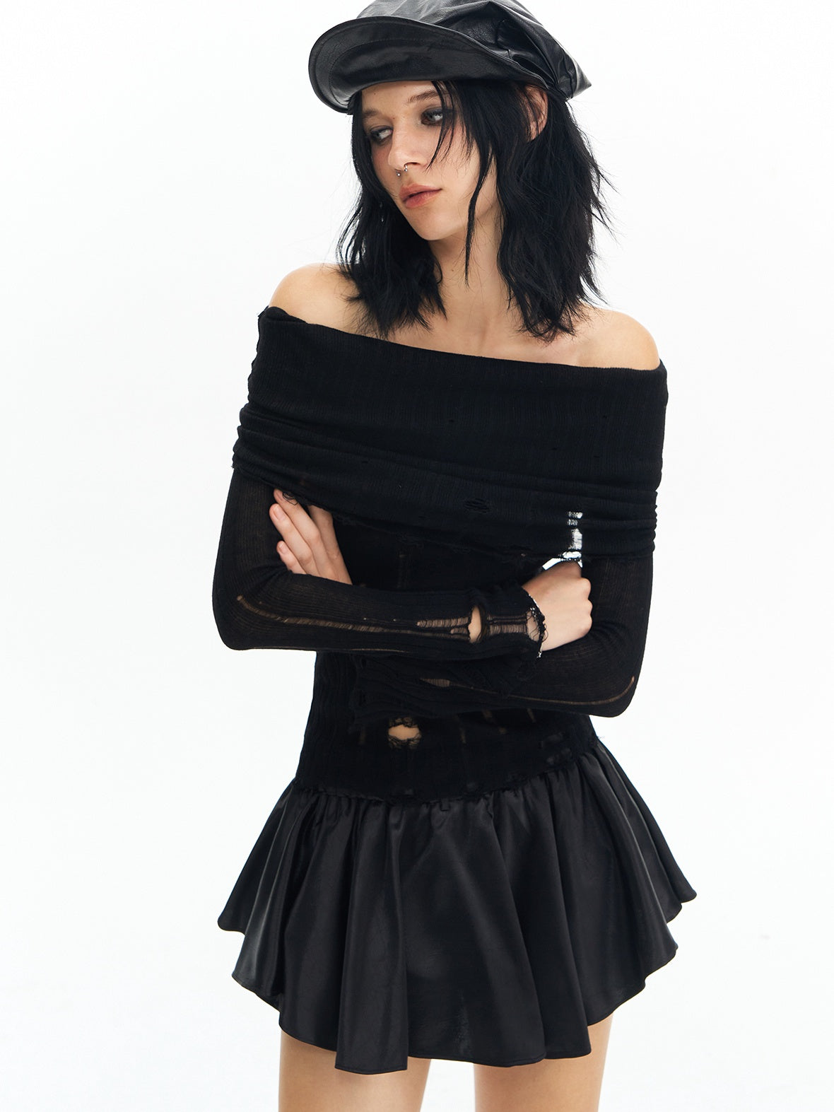 DeleteEx Sexy Ripped Fringe Off Shoulder Cropped Black Wool Pullover Women Knit Sweaters