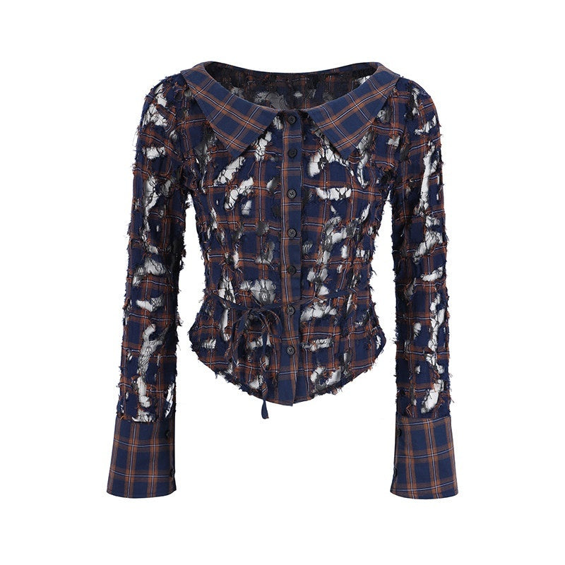 DeleteEx_Soft_Cotton_Blend_Blue_Burgundy_Plaid_Brooch_Sold_Separately_Womens_Blouses_MISSTT