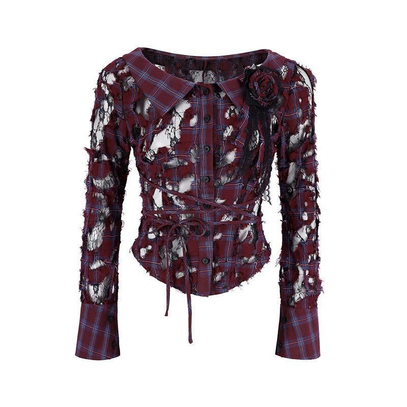 DeleteEx_Soft_Cotton_Blend_Blue_Burgundy_Plaid_Brooch_Sold_Separately_Womens_Blouses_MISSTT