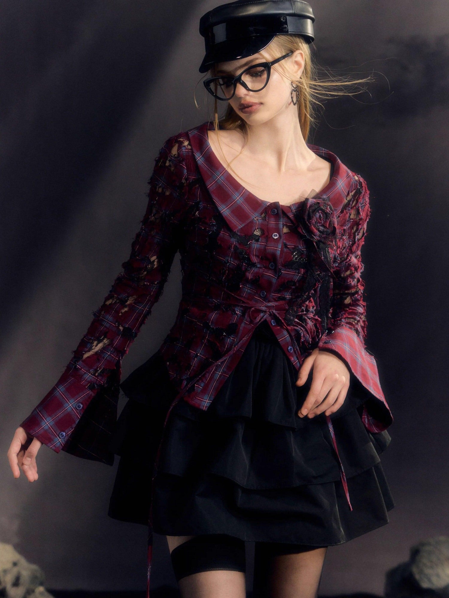 DeleteEx Soft Cotton Blend Blue Burgundy Plaid Brooch Sold Separately Womens Blouses