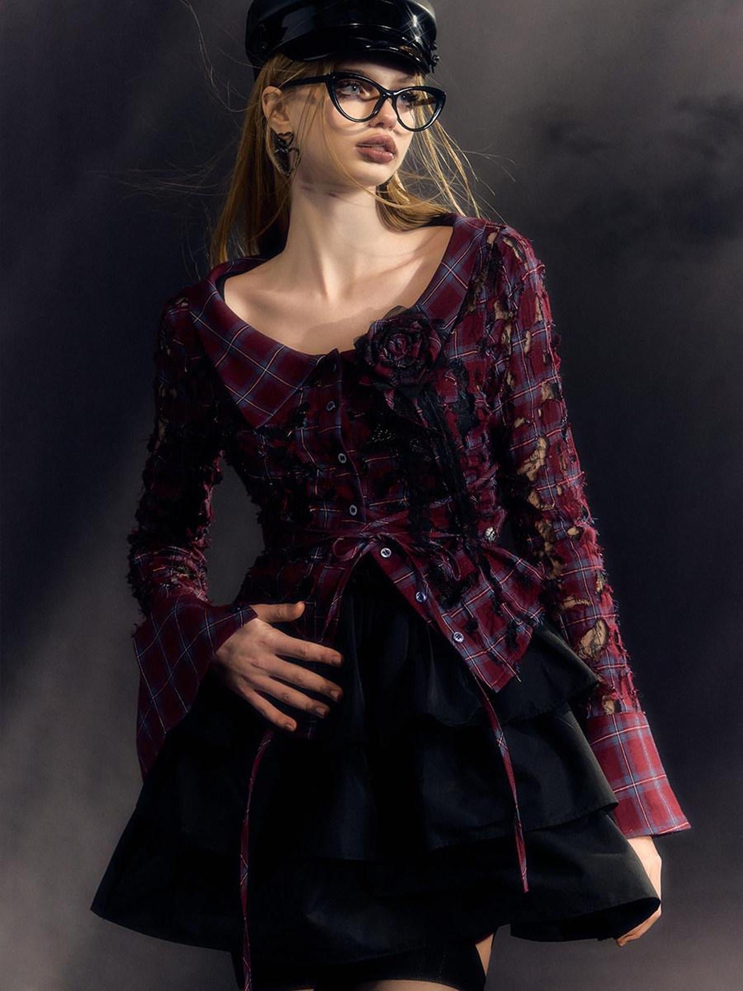 DeleteEx Soft Cotton Blend Blue Burgundy Plaid Brooch Sold Separately Womens Blouses