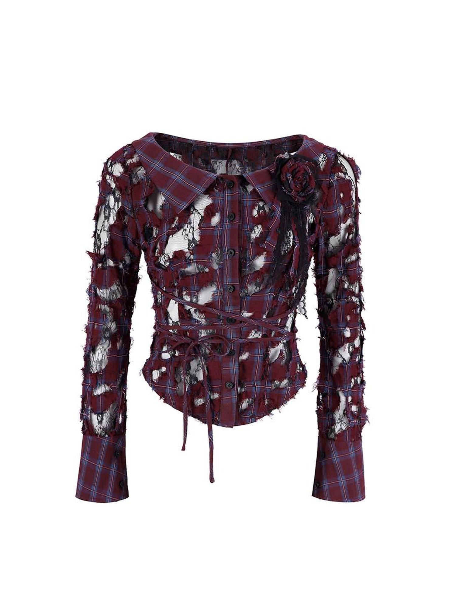 DeleteEx Soft Cotton Blend Blue Burgundy Plaid Brooch Sold Separately Womens Blouses