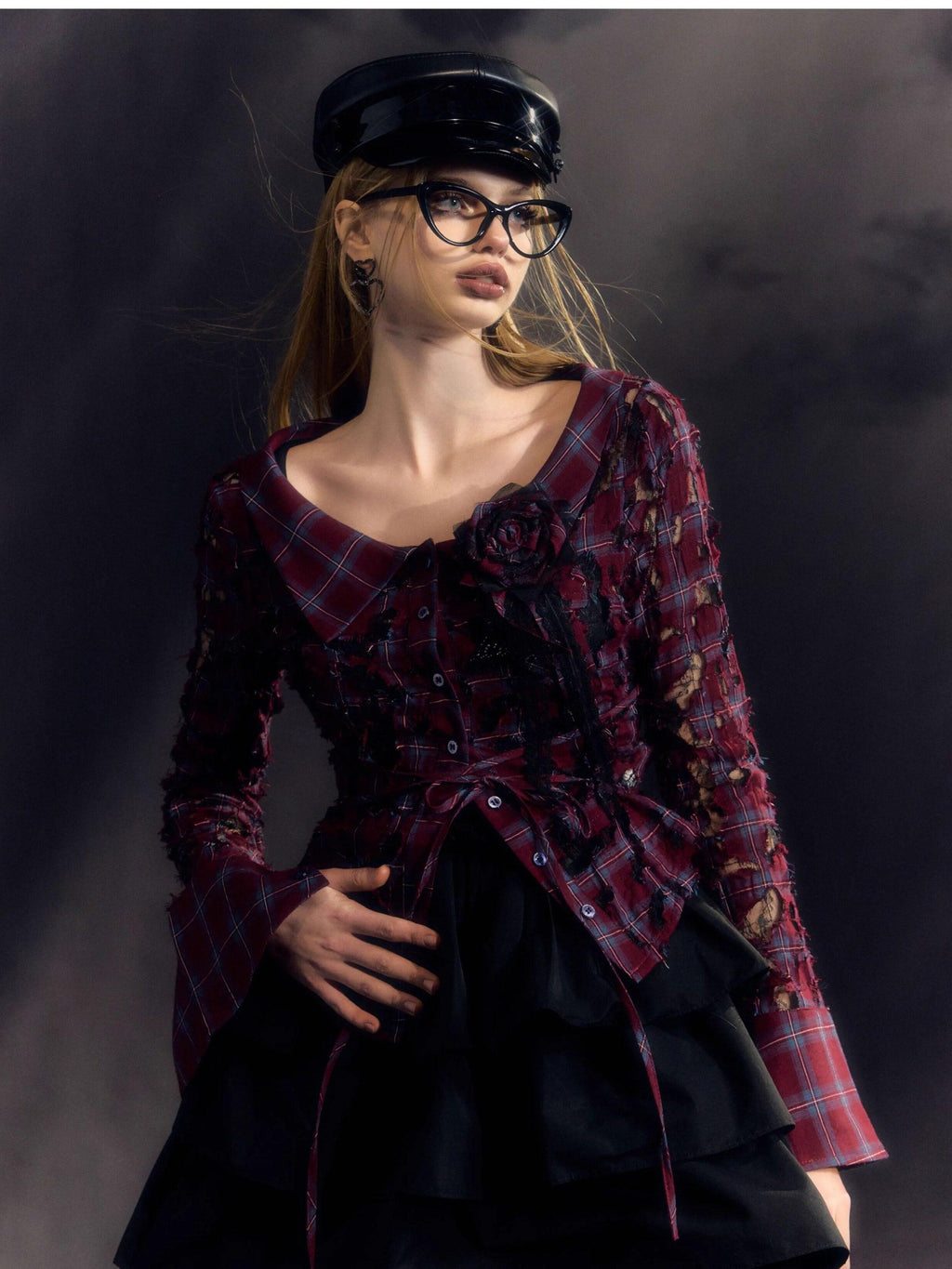 DeleteEx Soft Cotton Blend Blue Burgundy Plaid Brooch Sold Separately Womens Blouses