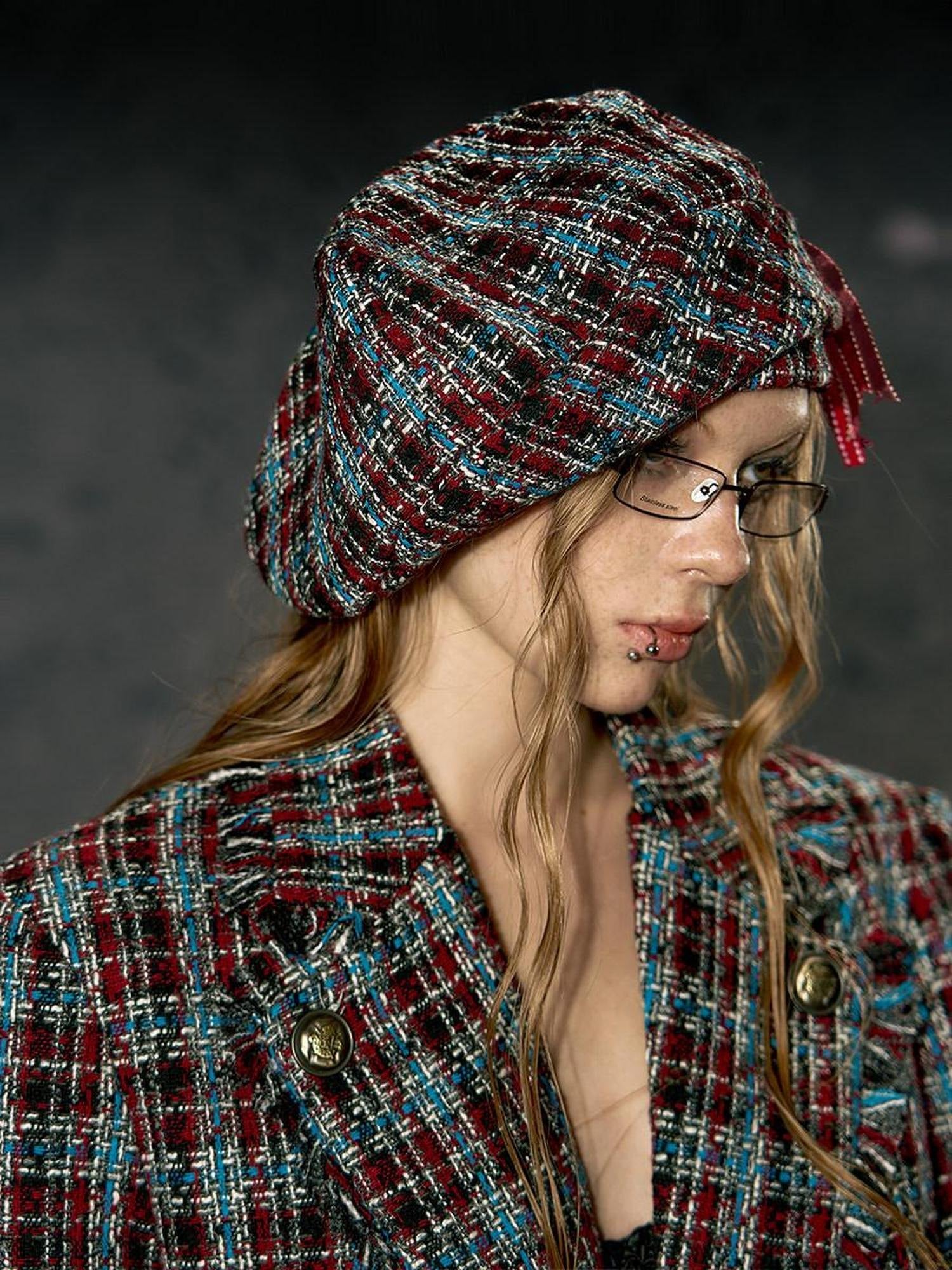 DeleteEx Soft Polyester Ribbed Knit Unisex Maroon Plaid Size M 56 58 Cm Beanies