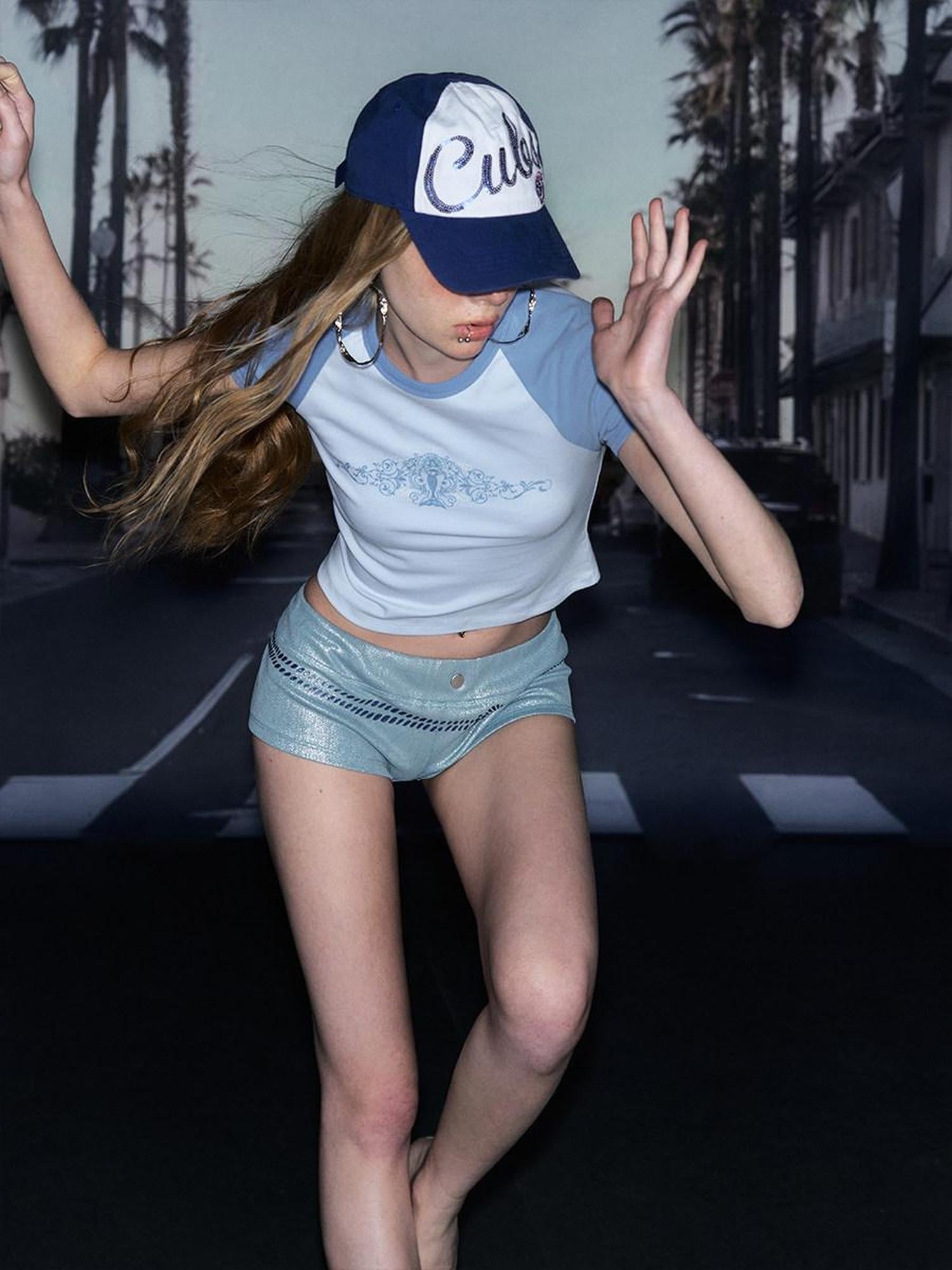 DeleteEx Soft Stretch Cotton Blend Blue Colorblock Slim Fit Casual Short Sleeve T-Shirts