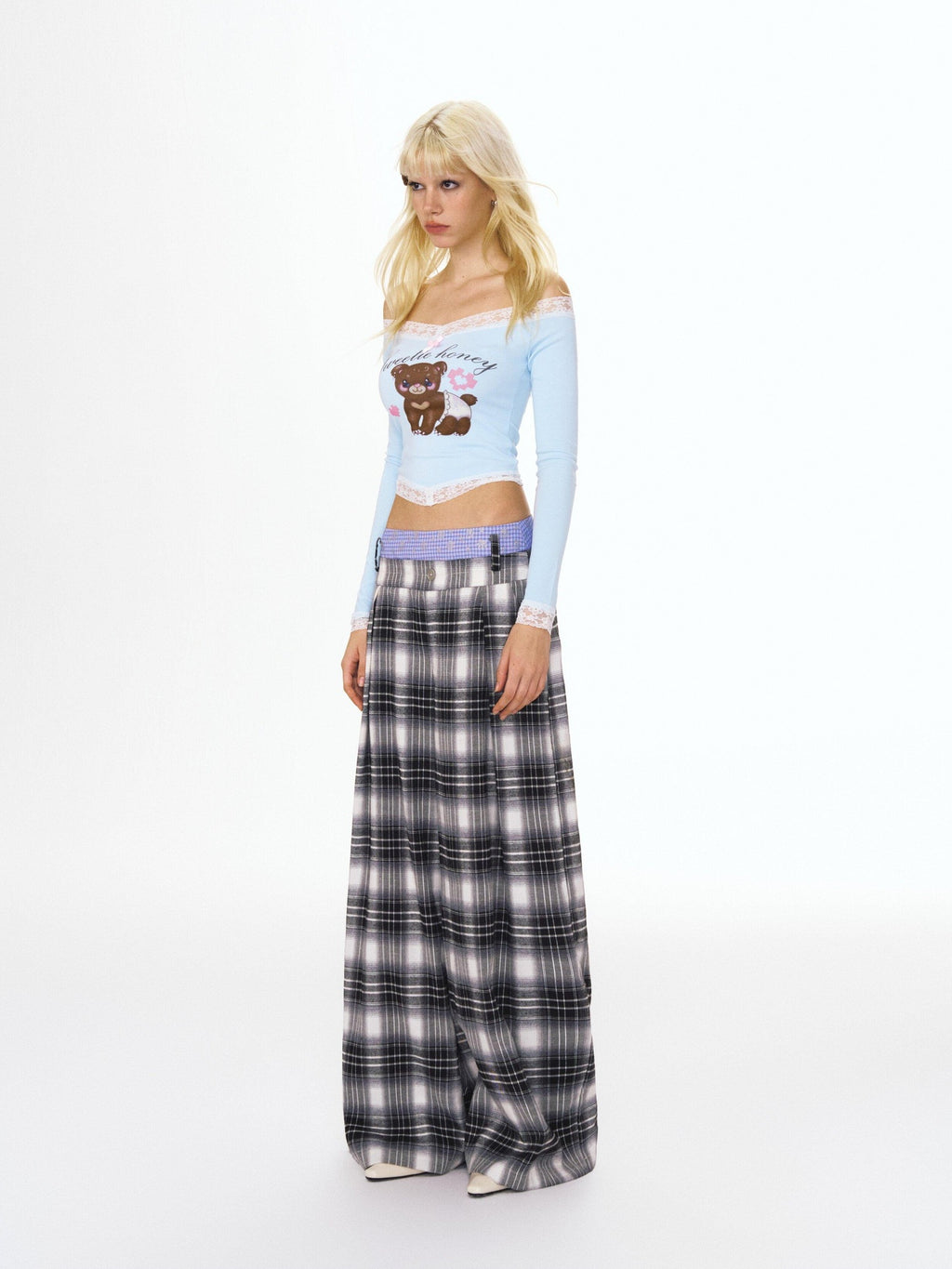 DeleteEx Soft Stretch Slim Fit Printed Long Sleeve Ivory Aqua Off Shoulder Crop Tops