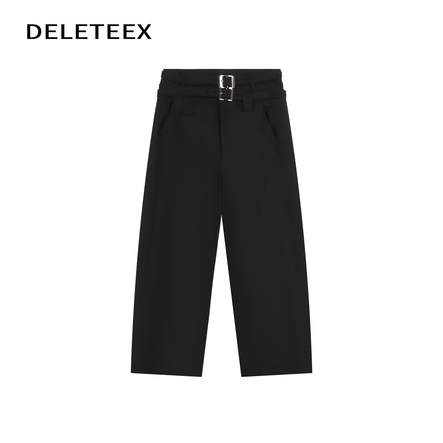 DeleteEx_Soft_Wool_Blend_Casual_Double_Belt_Natural_Waist_Black_Women_Wide_Leg_Pants_MISSTT