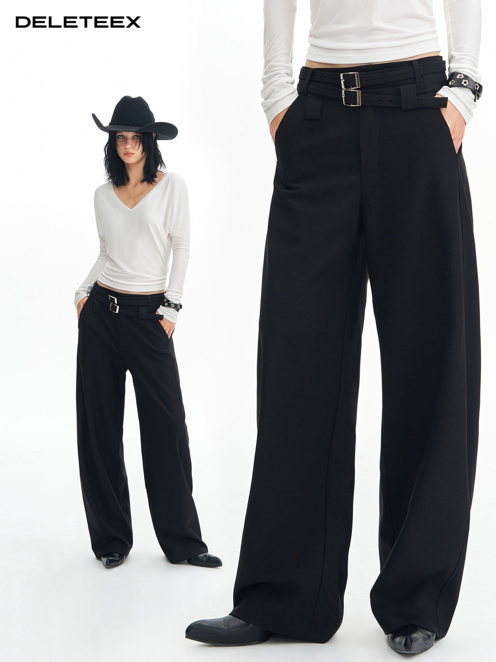DeleteEx Soft Wool Blend Casual Double Belt Natural Waist Black Women Wide Leg Pants