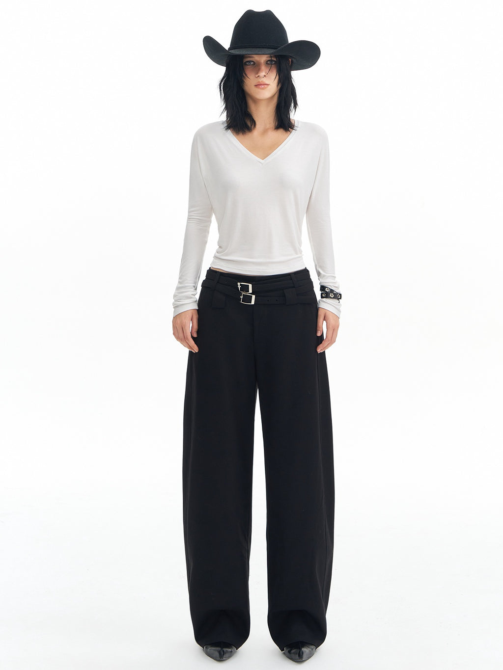 DeleteEx Soft Wool Blend Casual Double Belt Natural Waist Black Women Wide Leg Pants