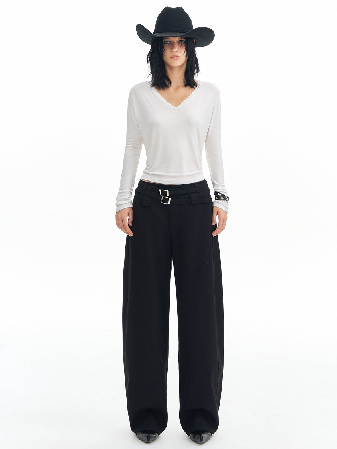 DeleteEx Soft Wool Blend Casual Double Belt Natural Waist Black Women Wide Leg Pants