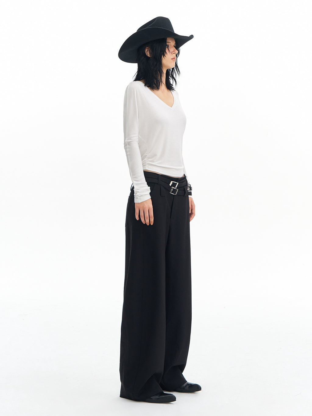 DeleteEx Soft Wool Blend Casual Double Belt Natural Waist Black Women Wide Leg Pants