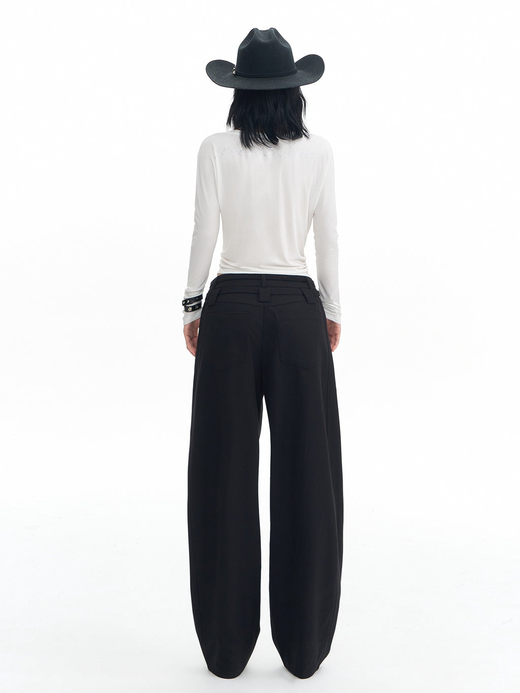 DeleteEx Soft Wool Blend Casual Double Belt Natural Waist Black Women Wide Leg Pants