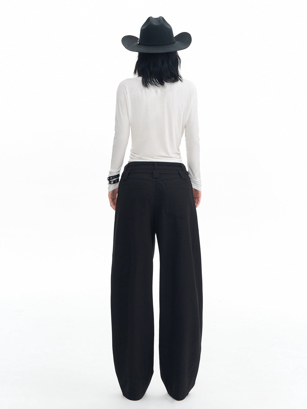 DeleteEx Soft Wool Blend Casual Double Belt Natural Waist Black Women Wide Leg Pants