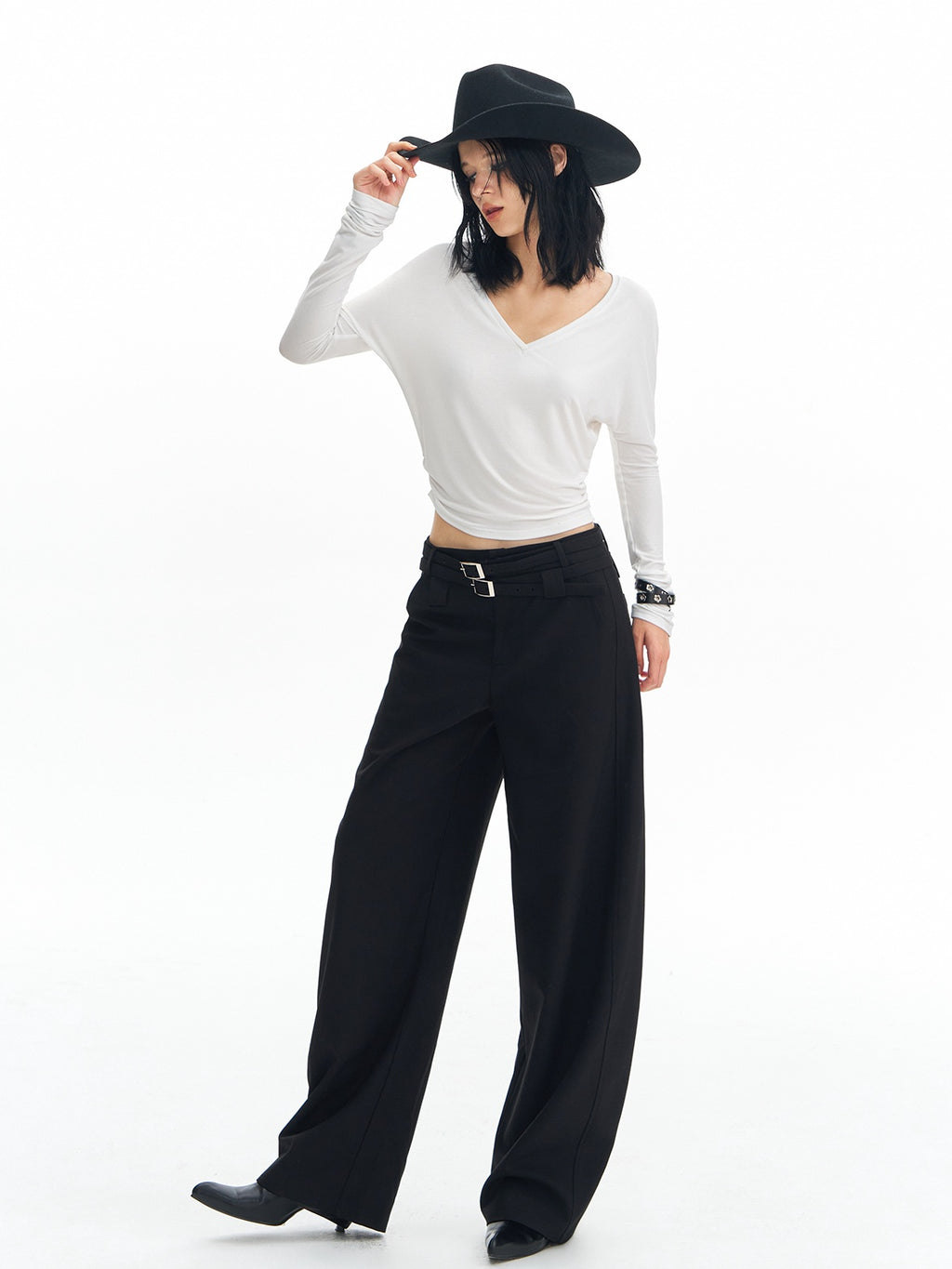 DeleteEx Soft Wool Blend Casual Double Belt Natural Waist Black Women Wide Leg Pants
