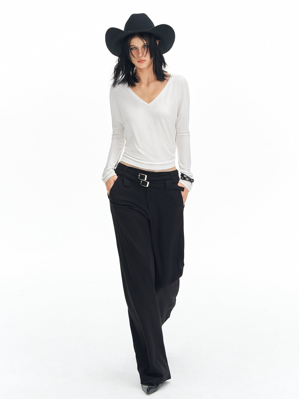 DeleteEx Soft Wool Blend Casual Double Belt Natural Waist Black Women Wide Leg Pants