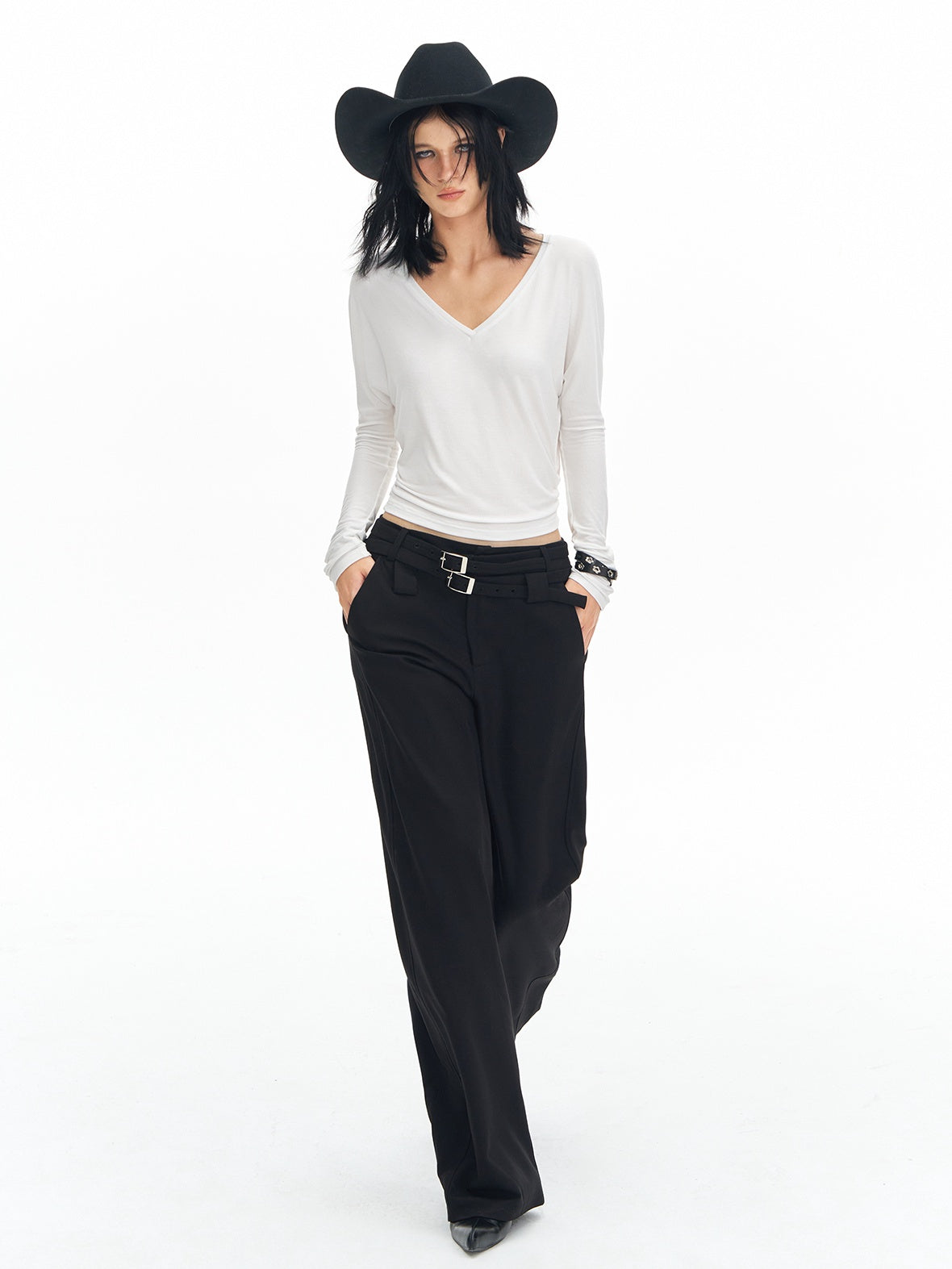 DeleteEx Soft Wool Blend Casual Double Belt Natural Waist Black Women Wide Leg Pants