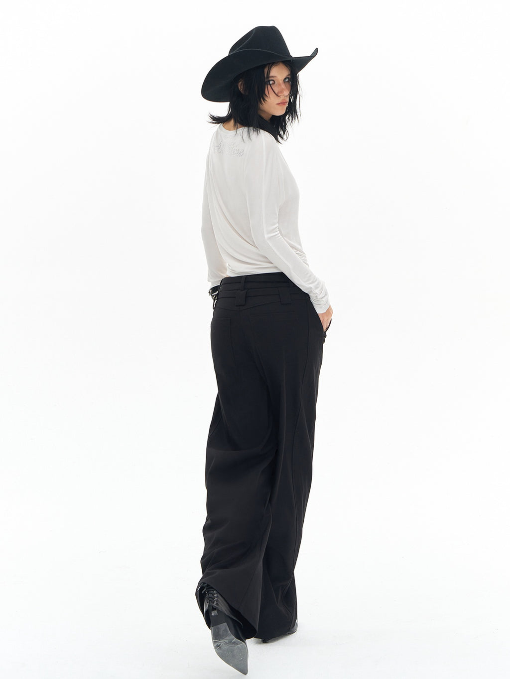 DeleteEx Soft Wool Blend Casual Double Belt Natural Waist Black Women Wide Leg Pants