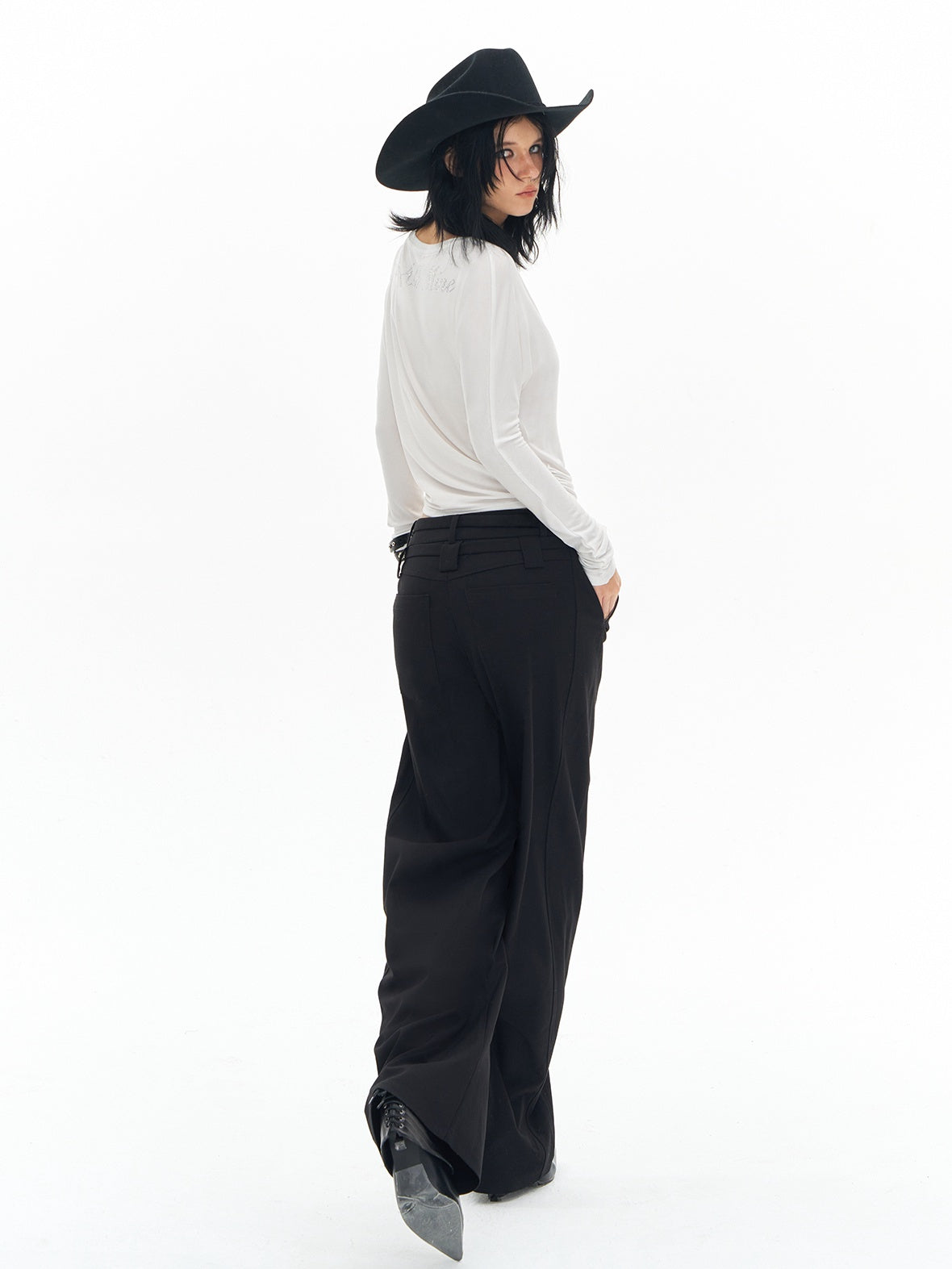 DeleteEx Soft Wool Blend Casual Double Belt Natural Waist Black Women Wide Leg Pants