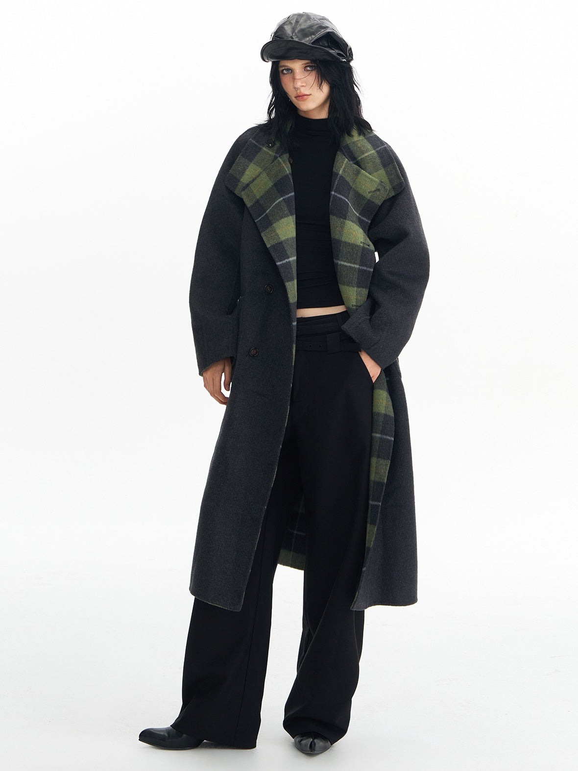 DeleteEx Soft Wool Blend Casual Double Belt Natural Waist Black Women Wide Leg Pants