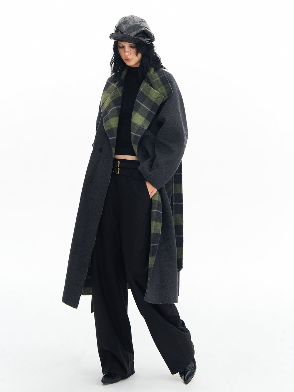 DeleteEx Soft Wool Blend Casual Double Belt Natural Waist Black Women Wide Leg Pants