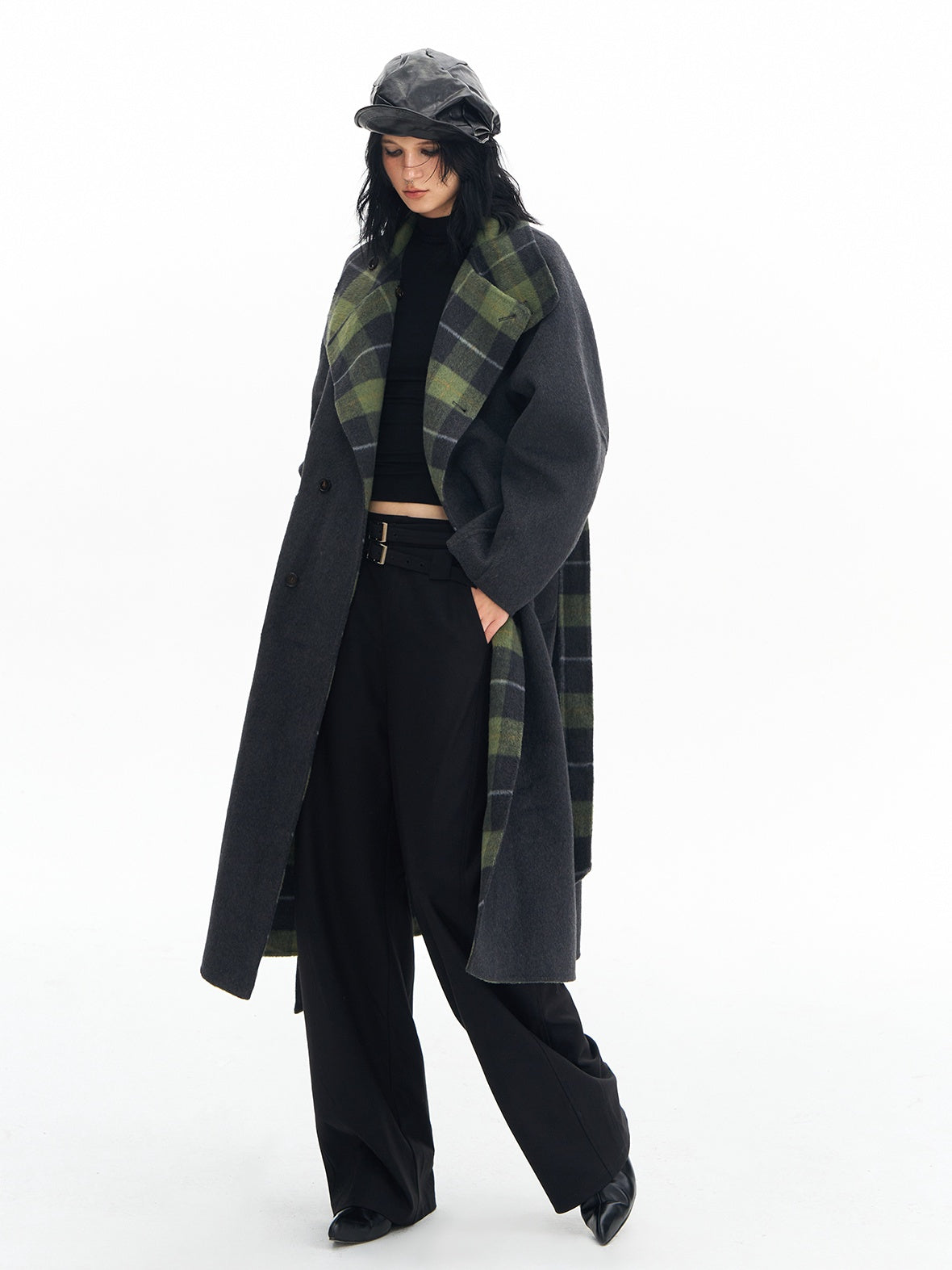 DeleteEx Soft Wool Blend Casual Double Belt Natural Waist Black Women Wide Leg Pants