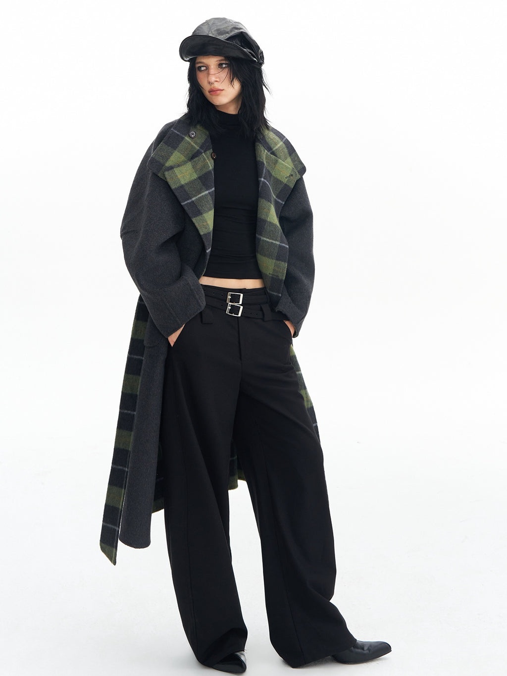 DeleteEx Soft Wool Blend Casual Double Belt Natural Waist Black Women Wide Leg Pants