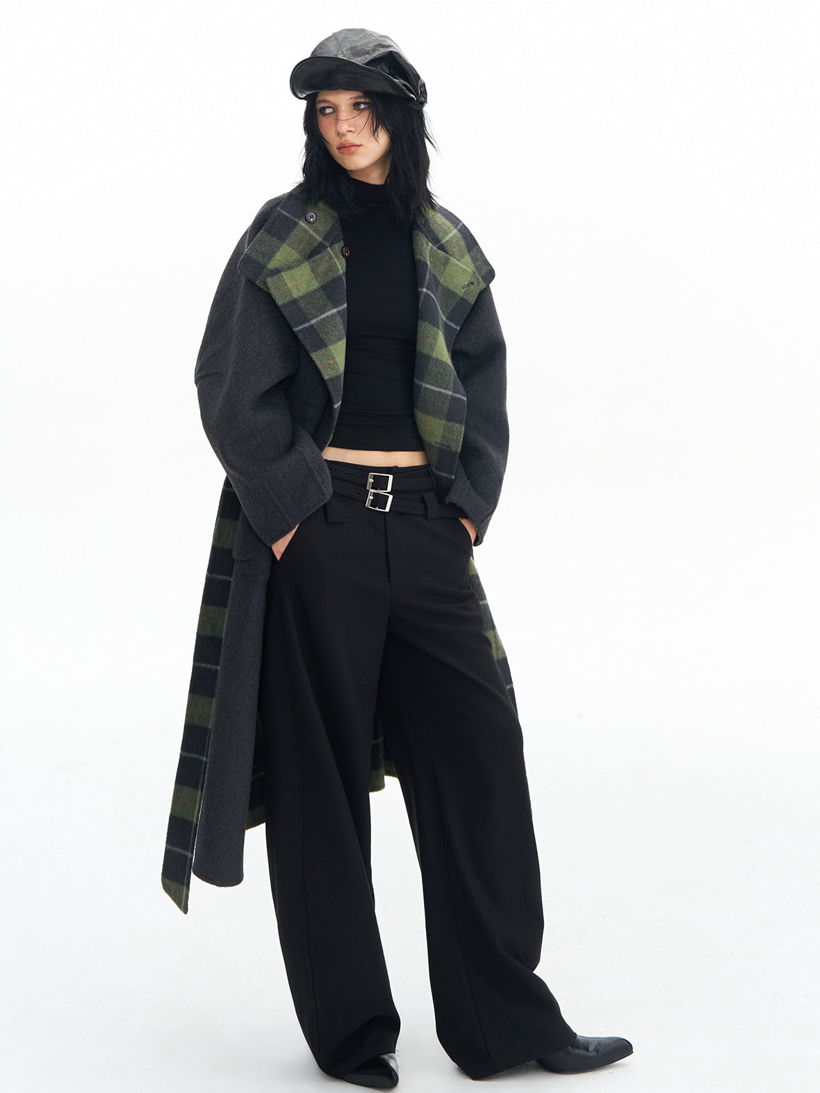 DeleteEx Soft Wool Blend Casual Double Belt Natural Waist Black Women Wide Leg Pants