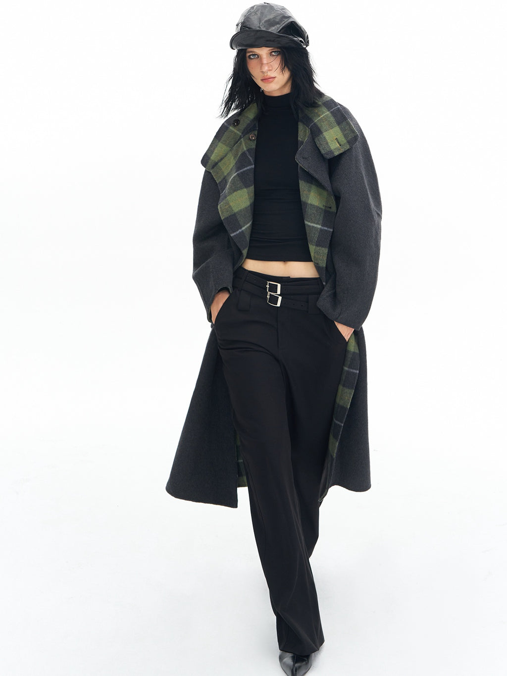 DeleteEx Soft Wool Blend Casual Double Belt Natural Waist Black Women Wide Leg Pants