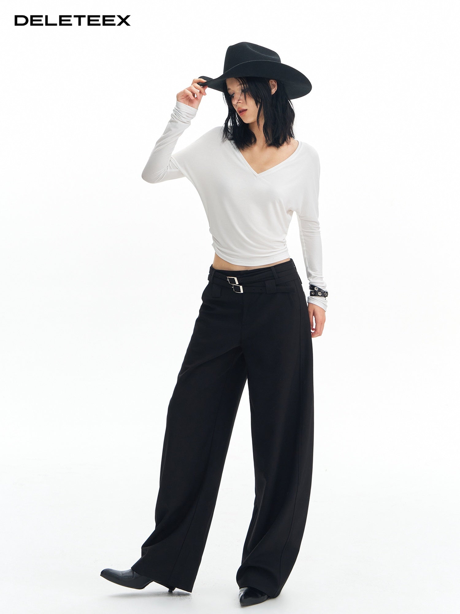 DeleteEx Soft Wool Blend Casual Double Belt Natural Waist Black Women Wide Leg Pants