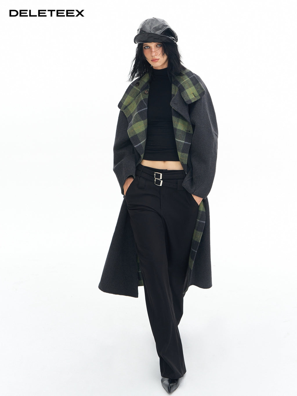 DeleteEx Soft Wool Blend Casual Double Belt Natural Waist Black Women Wide Leg Pants