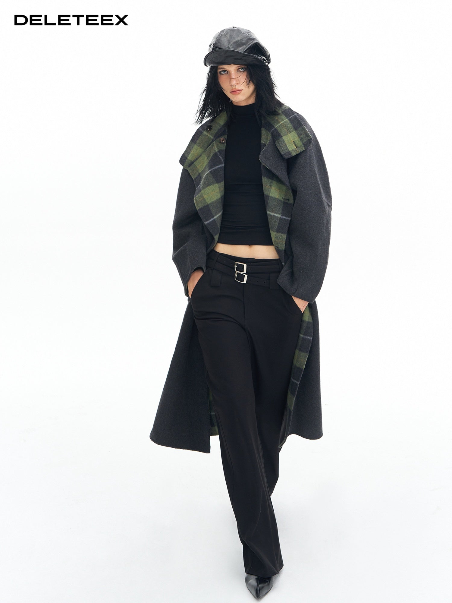 DeleteEx Soft Wool Blend Casual Double Belt Natural Waist Black Women Wide Leg Pants