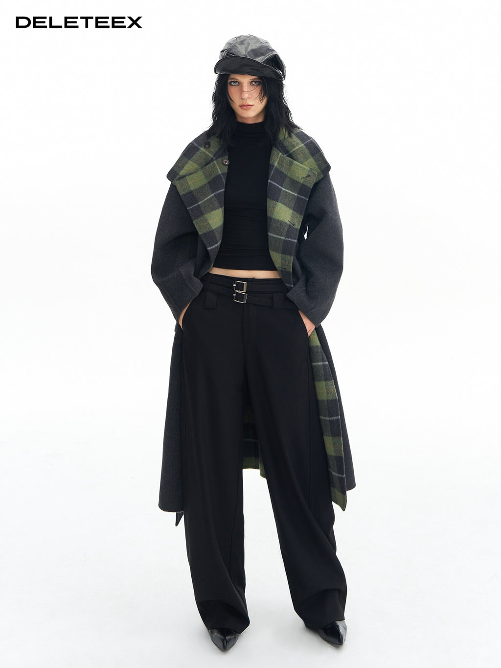 DeleteEx Soft Wool Blend Casual Double Belt Natural Waist Black Women Wide Leg Pants