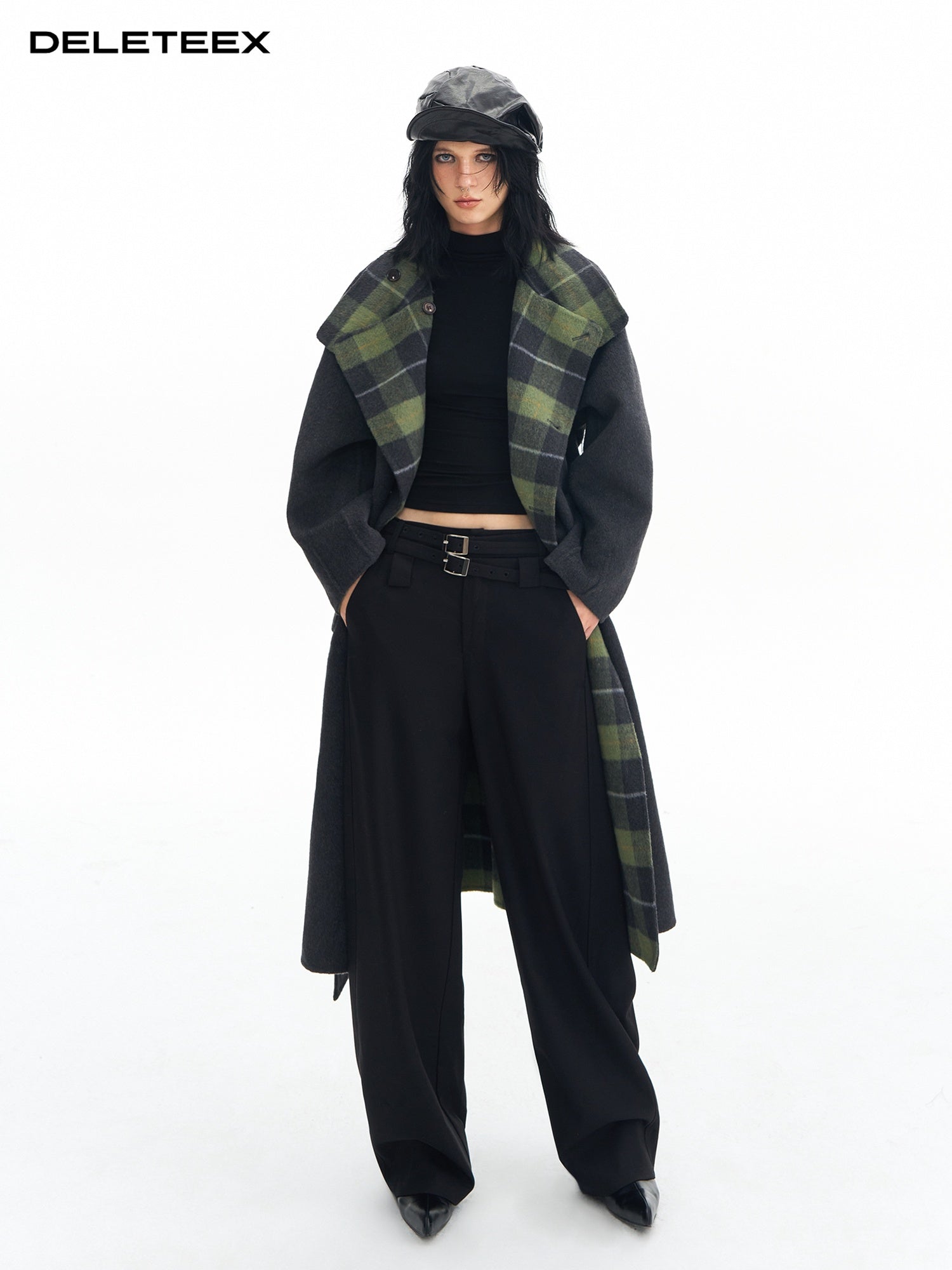 DeleteEx Soft Wool Blend Casual Double Belt Natural Waist Black Women Wide Leg Pants