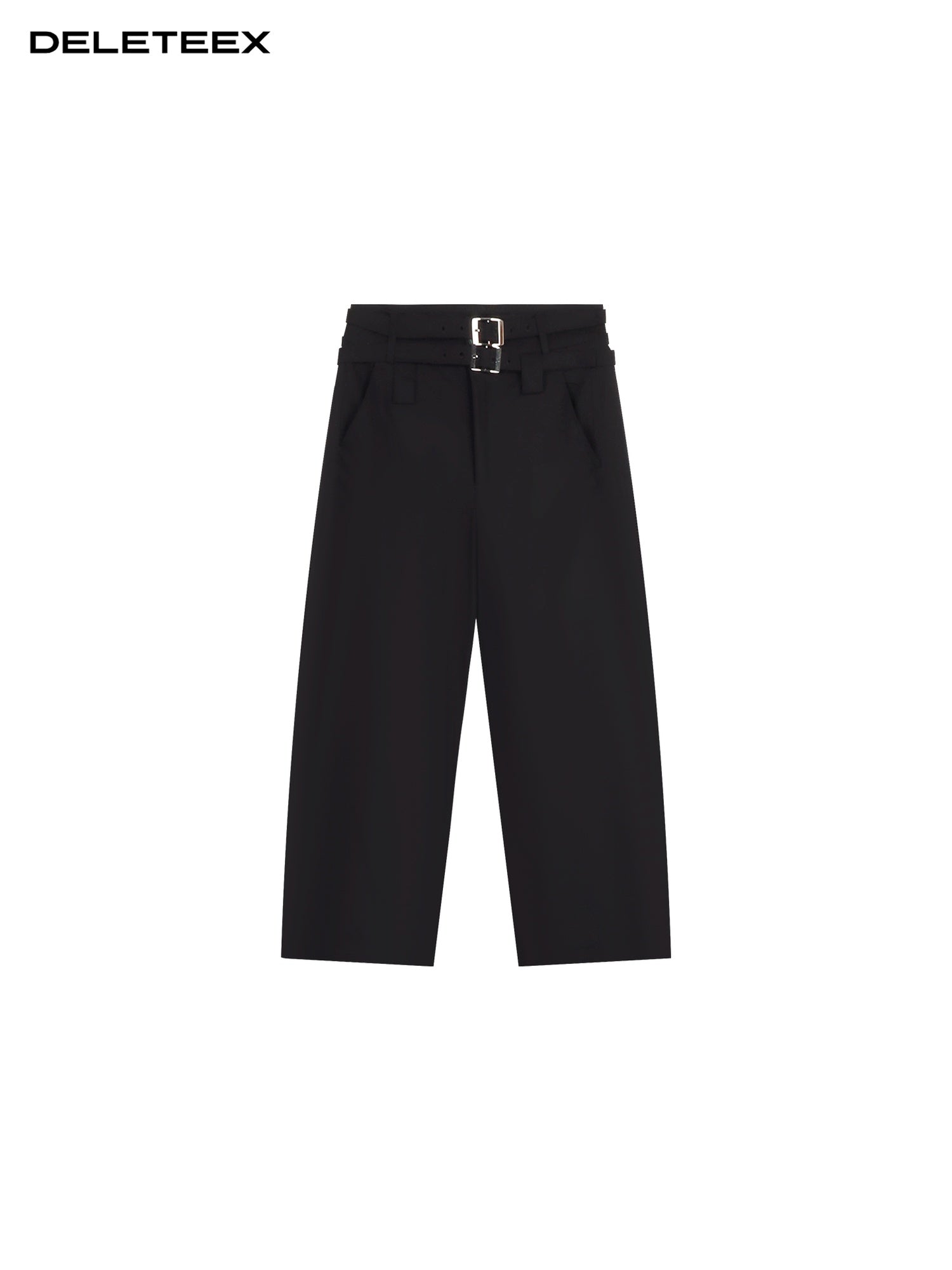 DeleteEx Soft Wool Blend Casual Double Belt Natural Waist Black Women Wide Leg Pants