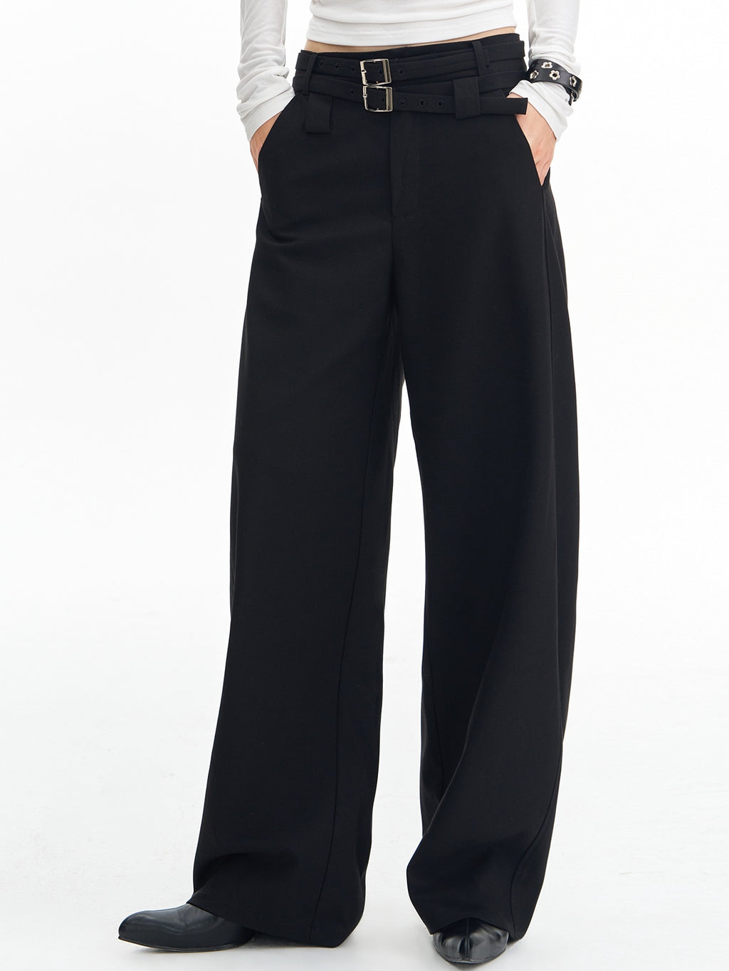 DeleteEx Soft Wool Blend Casual Double Belt Natural Waist Black Women Wide Leg Pants