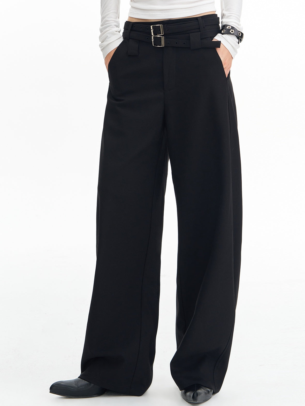 DeleteEx Soft Wool Blend Casual Double Belt Natural Waist Black Women Wide Leg Pants
