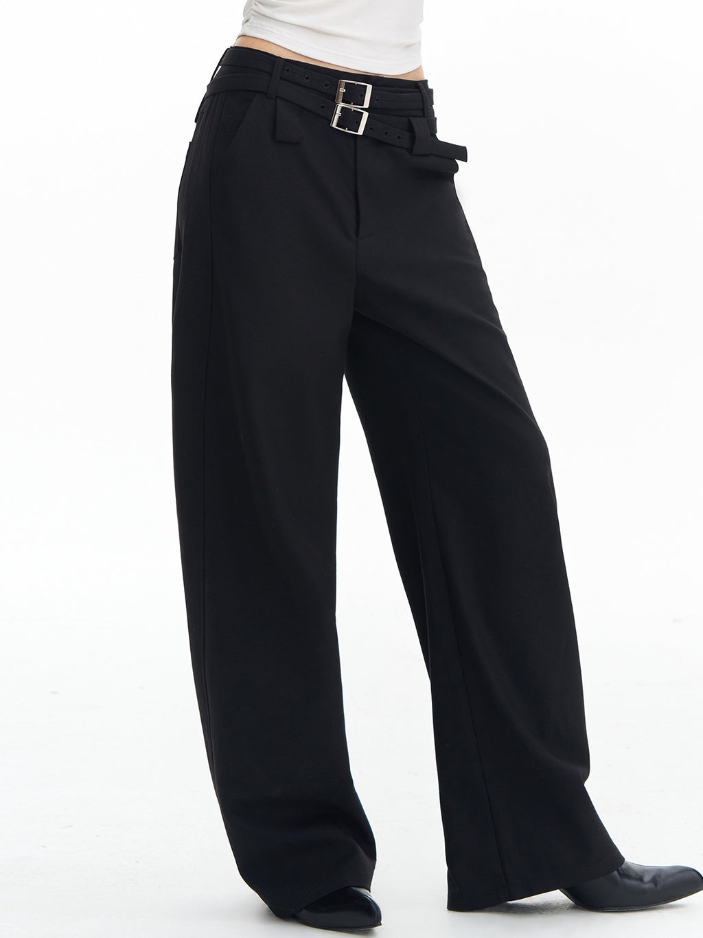 DeleteEx Soft Wool Blend Casual Double Belt Natural Waist Black Women Wide Leg Pants