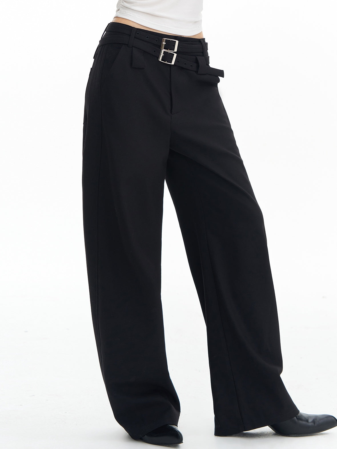 DeleteEx Soft Wool Blend Casual Double Belt Natural Waist Black Women Wide Leg Pants