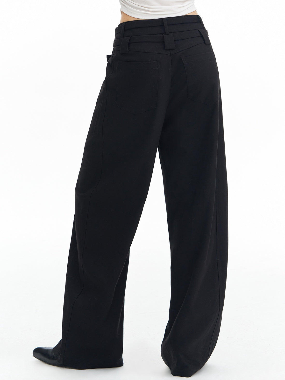 DeleteEx Soft Wool Blend Casual Double Belt Natural Waist Black Women Wide Leg Pants