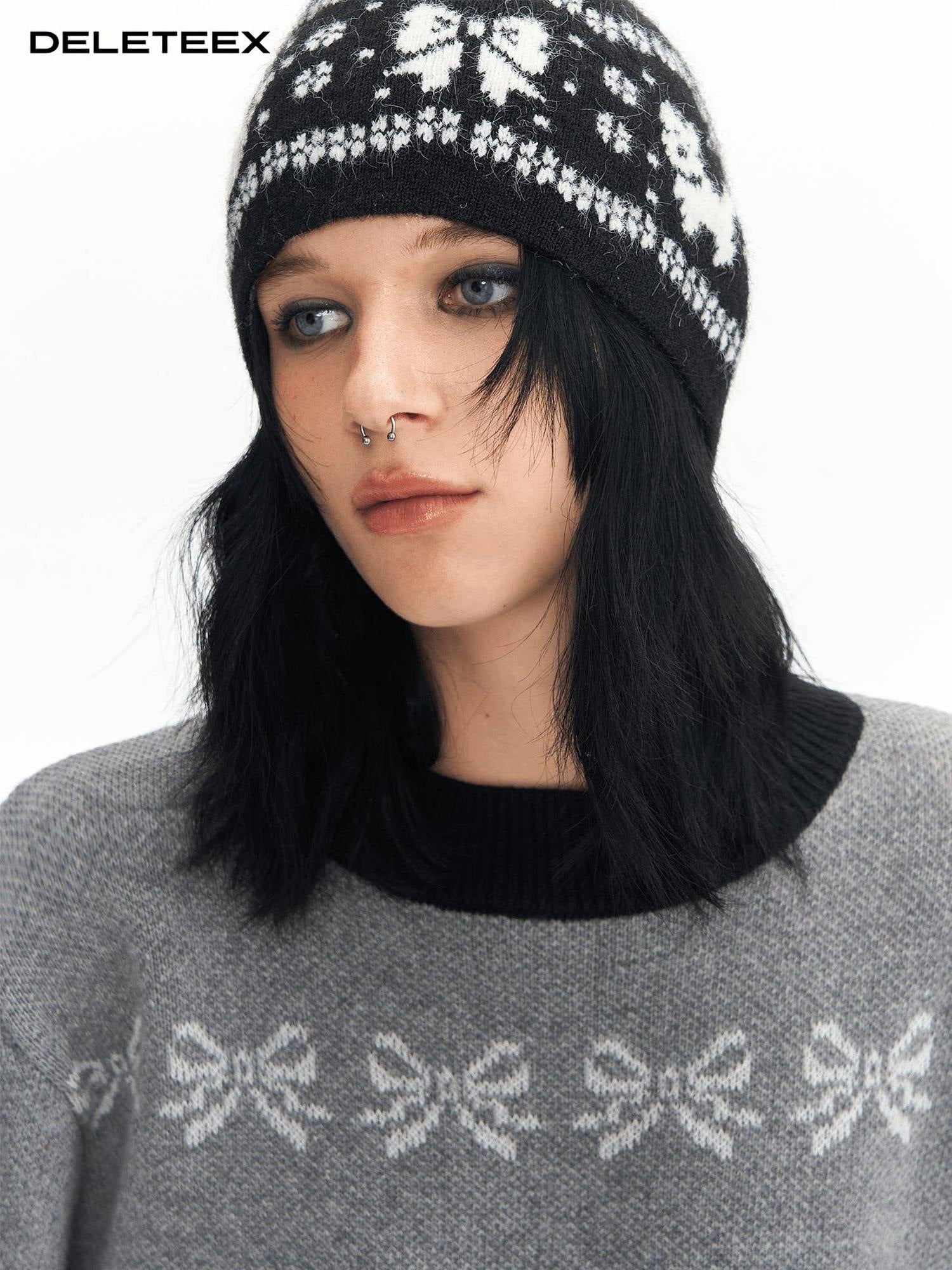 DeleteEx Soft Wool Fashion Bow Accent Round Top Black Women Classic Beanies