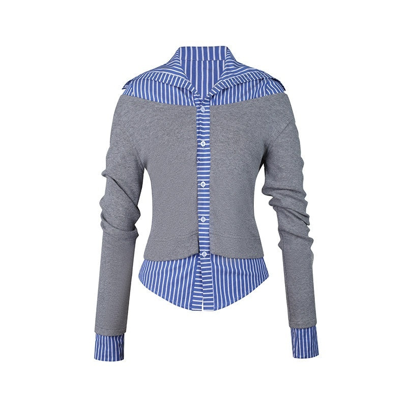 DeleteEx_Stretch_Polo_Collar_Street_Sport_Grey_Blue_Stripe_Long_Sleeve_T-Shirts_MISSTT