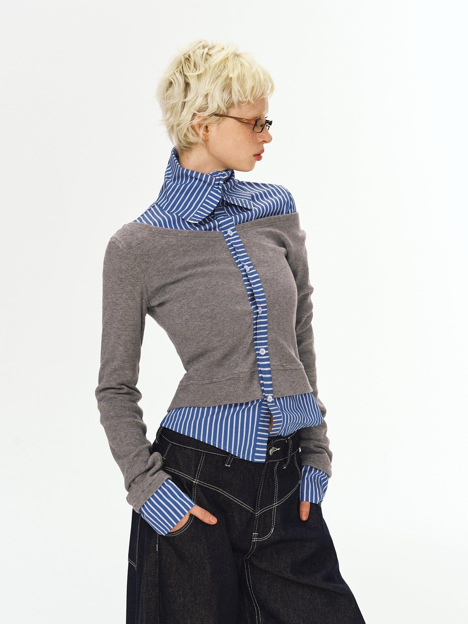 DeleteEx Stretch Polo Collar Street Sport Grey Blue Stripe Long Sleeve T-Shirts