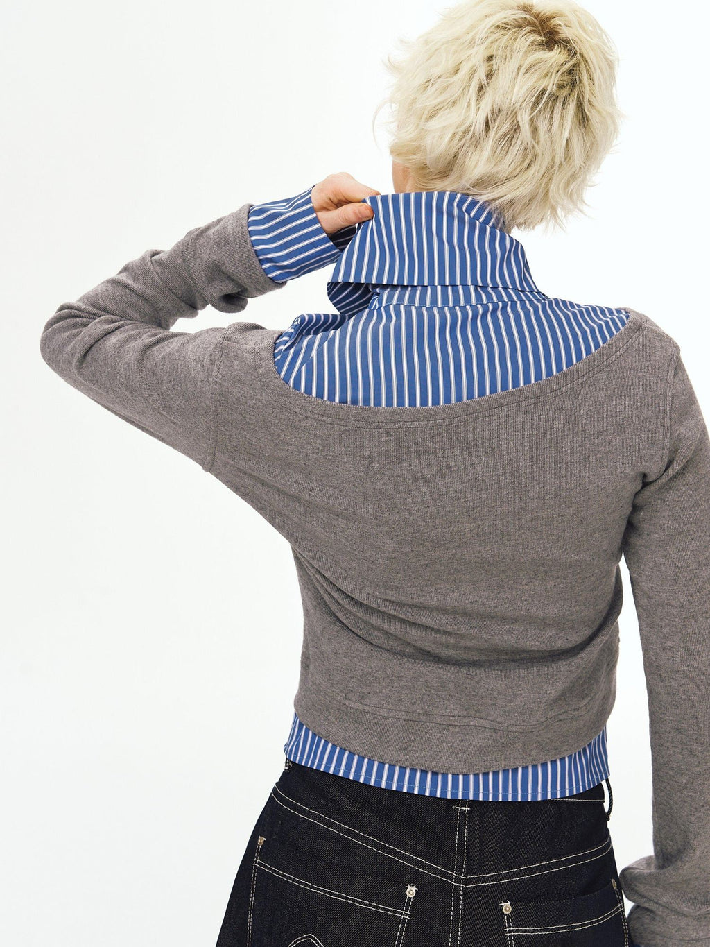 DeleteEx Stretch Polo Collar Street Sport Grey Blue Stripe Long Sleeve T-Shirts