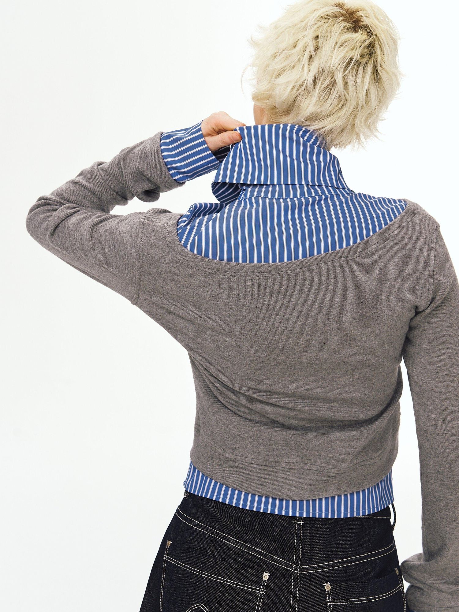 DeleteEx Stretch Polo Collar Street Sport Grey Blue Stripe Long Sleeve T-Shirts