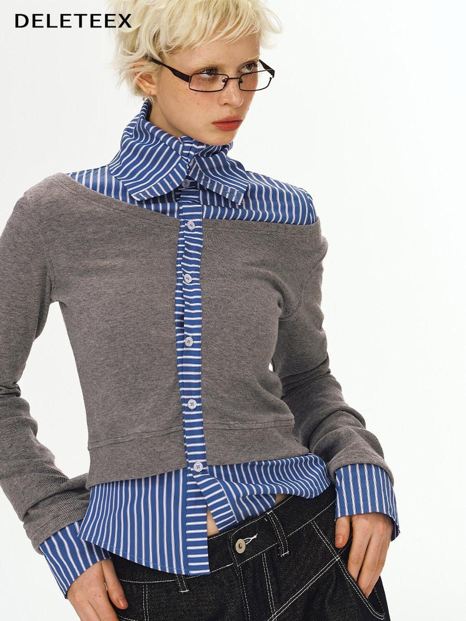 DeleteEx Stretch Polo Collar Street Sport Grey Blue Stripe Long Sleeve T-Shirts