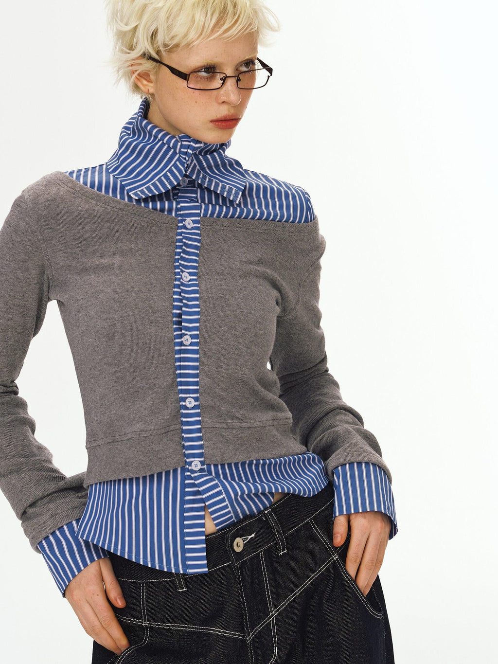 DeleteEx Stretch Polo Collar Street Sport Grey Blue Stripe Long Sleeve T-Shirts