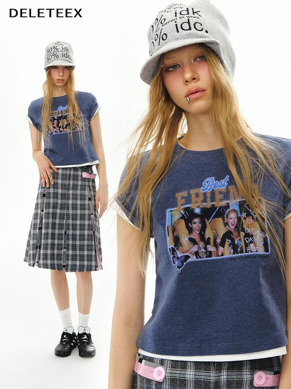 DeleteEx Stretch Polyester Slim Fit Office Cartoon Print Gray Blue Short Sleeve T-Shirts