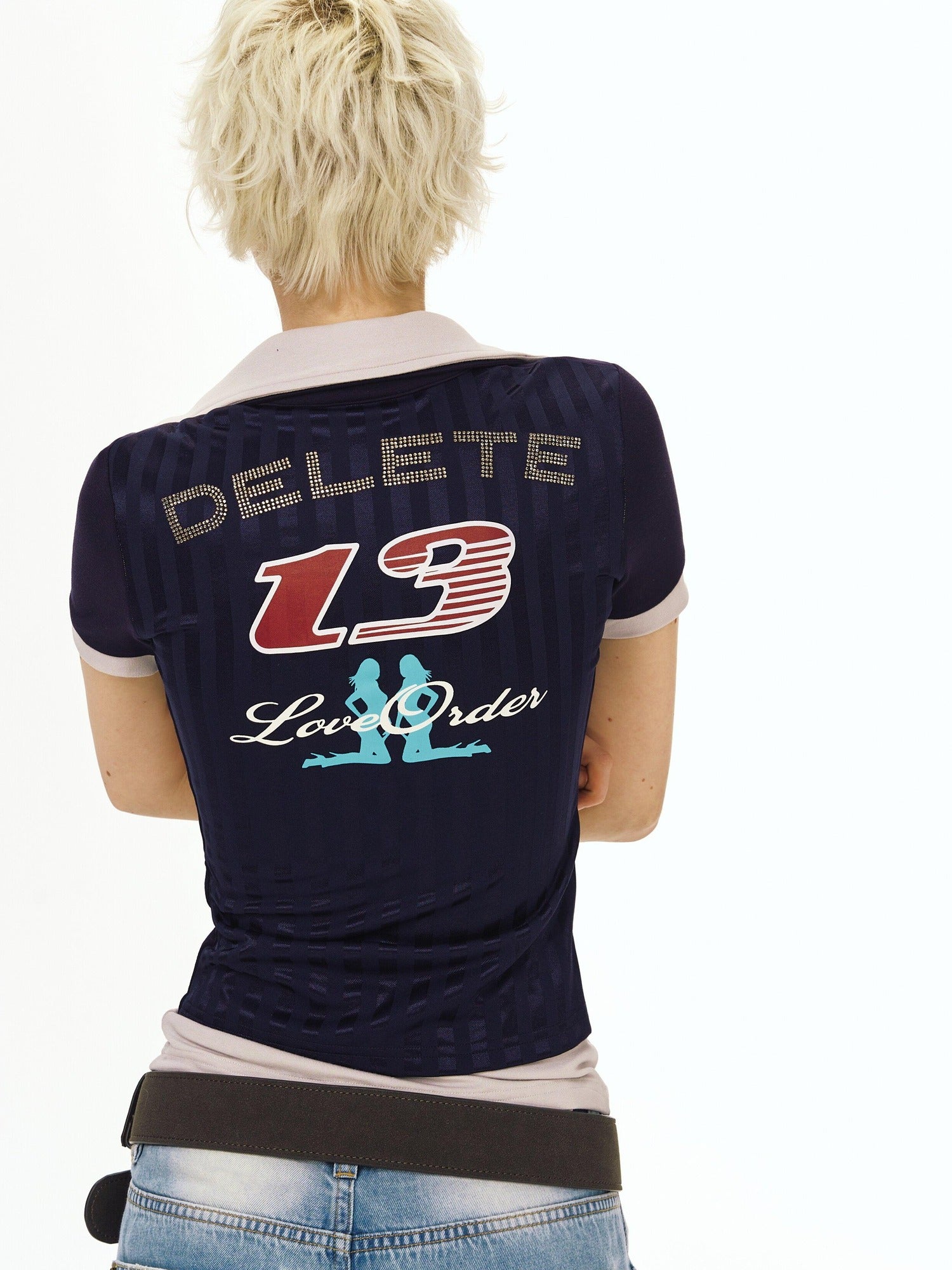 DeleteEx Stretch Slim Fit Creative Print Polo Collar Grey Navy Short Sleeve T-Shirts