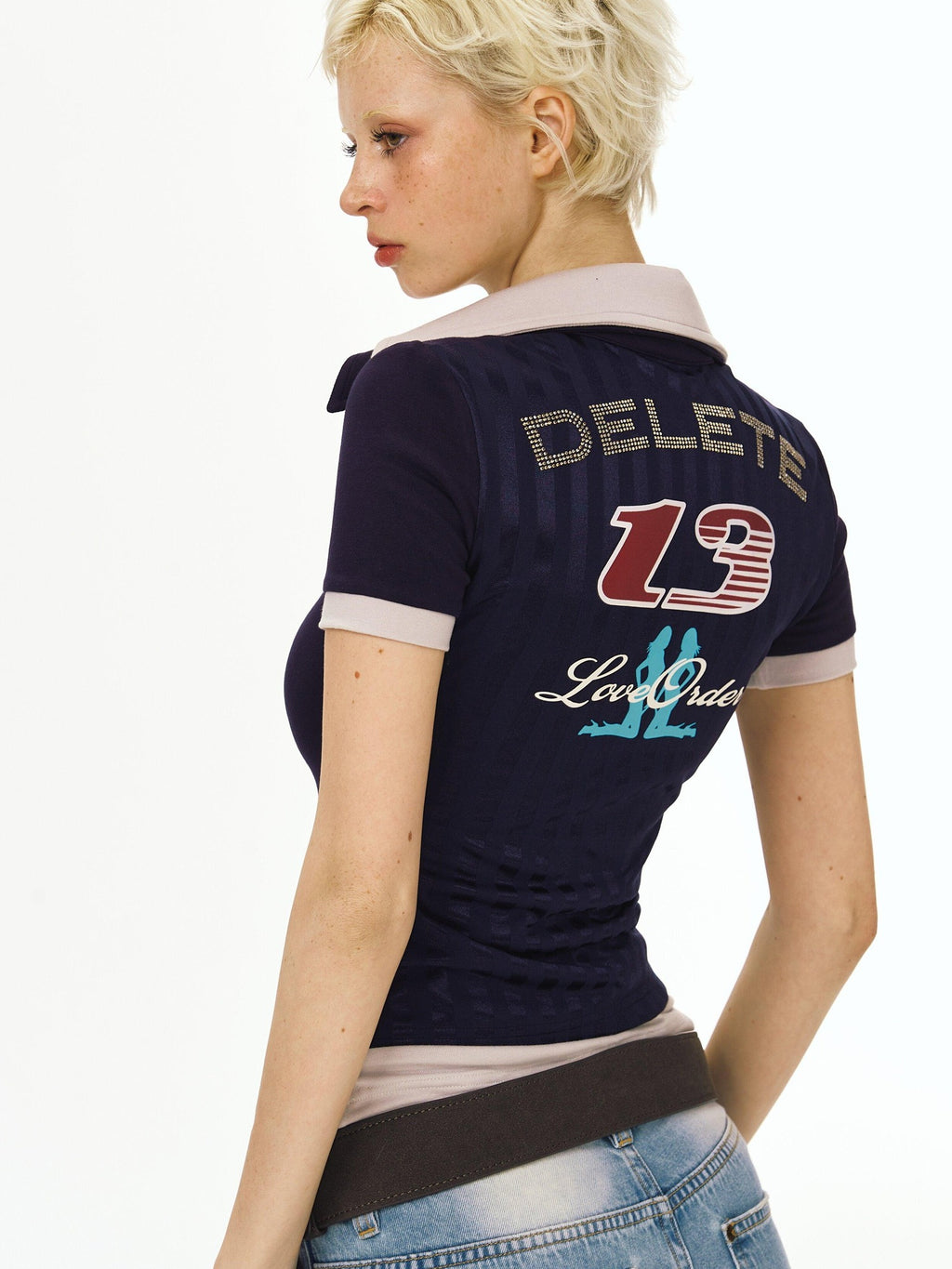 DeleteEx Stretch Slim Fit Creative Print Polo Collar Grey Navy Short Sleeve T-Shirts